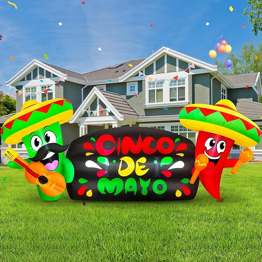 8FT Long Cinco de Mayo Inflatable Outdoor Decoration Blow Up Cactus Holding Guitar and Chili Holding Makara with Taco Sombrero, May 5 Mexican Fiesta Decor Built-in LEDs for Yard, Party, Holiday
