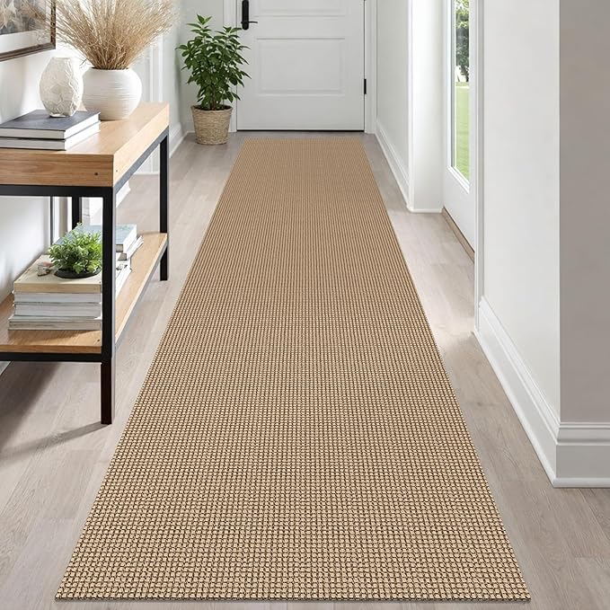 IOHOUZE Washable Runner Rug 2.6x12 Non Slip Rubber Backed Extra Long Hallway Runner Entryway Runner Indoor, Kitchen Rugs Woven Cotton Floor Carpet for Hall Stair, Orange/Tan/Brown