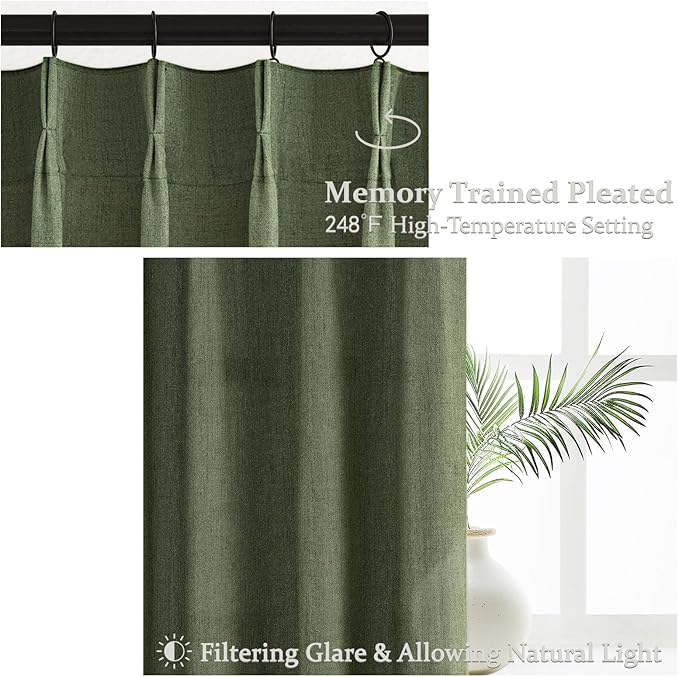 PleatedDrapes Olive Green Sheer Curtains 90 Inches Long 2 Panels Set for Bedroom, Loden Pinch Pleated Linen Dark Academia Window Drapes Light Filtering Privacy Sliding Door Viral Curtain 40"W x 90"L