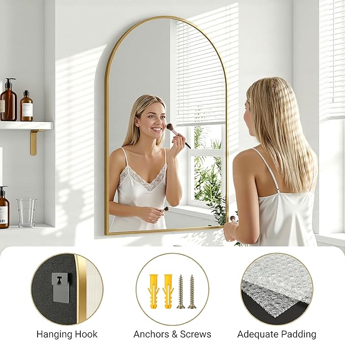 Antok Arched Bathroom Mirror, 24"x36" Wall Mounted Mirror, Vanity Mirrors for Over Sink, Aluminum Alloy Frame Bathroom Mirrors Living Room, Bedroom and Entryway, Gold