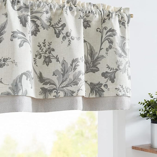 jinchan Linen Valance Curtain Farmhouse Window Decor Gray Floral Print for Kitchen Living Room Double Layer Blackout Valance 18 Inches Rustic Window Treatment 1 Panel Rod Pocket Grey on Beige