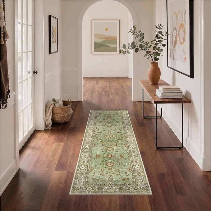 GENIMO Runner Rug for Hallways Machine Washable, 2x6 Non Slip Boho Vintage Lightweight Washable Runners, Thin Floor Rugs for Entryway Hallway Bathroom Laundry Room Corridor, Brick Sage