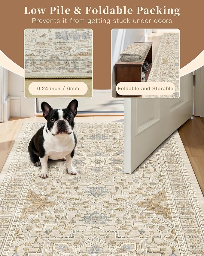 Madane Washable Area Rug 2x4, Small Entryway Rug Non-Slip Vintage Door Mat Indoor Entrance, Low Pile Floor Carpet Runner for Inside Front Door Kitchen Entry Laundry, Beige/Blue