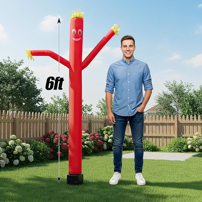 6ft Red Air Tube Dancer Inflatable Waving Tube Man with Lights & Built-in Blower - Wacky Waving Dancing Guy Set for Business Promotion