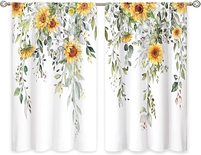 Eucalyptus Botanical Leaves Yellow Sunflower Floral Kitchen Window Curtains Flower Plant Small Window Treatment Sage Green Cafe Short Curtains for Bathroom Treatment Tier Drapes 27.9x39 inch