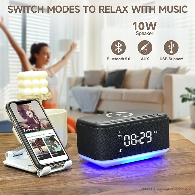Alarm Clock Speaker Wireless Charger, Digital Alarm Clocks Bedrooms Bluetooth, Alarm Clock Dimmable Light Bedrooms Dual Alarm Snooze Dimmer 12 24H RGB Night Light Bluetooth USB AUX, Black - Image 6