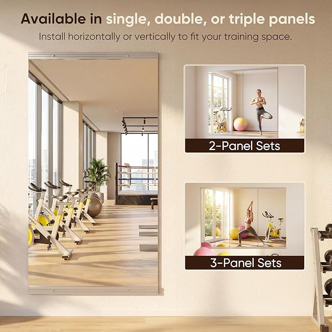 Antok Home Gym Mirror 48"x24" 3PCS, Large Full Length Wall Mounted Mirrors, Frameless Tempered Glass Full Body Mirror for Gym Yoga Dance Studio Garage Bedroom & Bathroom