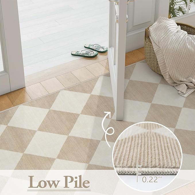 Beeiva Checkered Print 5x7 Washable Area Rugs for Bedroom, Non Slip Ultra Thin Beige Rugs for Living Room, Geometric Plaid Dorm Decor Soft Low Pile Carpet for Office Kids Room Classroom