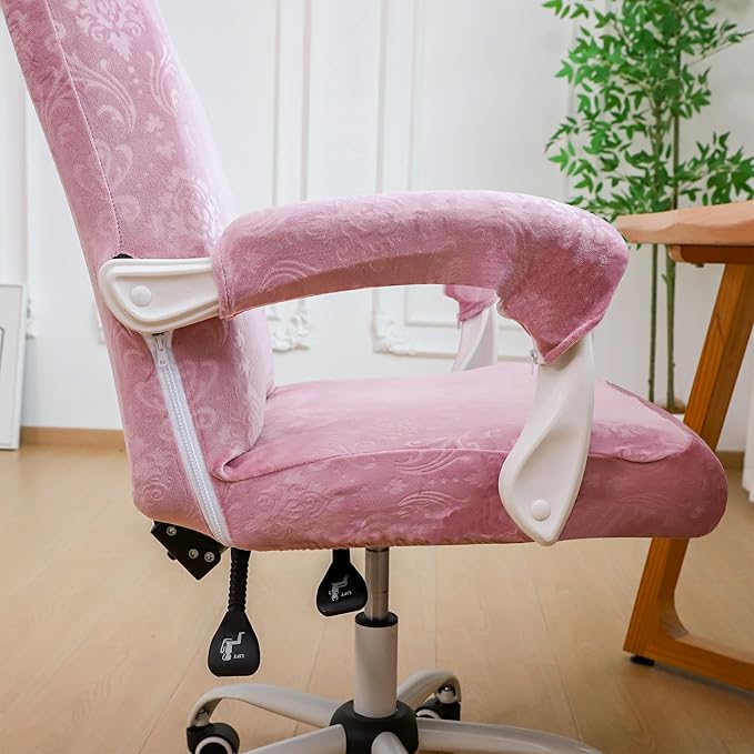 FORCHEER Office Chair Cover with Armrest Cover Pink Velvet Stretch Computer Chair Covers with Arm Reat Slipcovers Large Washable