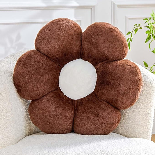 Kcvvcr Brown Flower Pillow, Cute Decorative Flower Shaped Throw Pillow with Faux Rabbit Fur, 14.9" Soft Flower Plush Throw Pillow Floor Pillows Room Décor for Bedroom Living Room