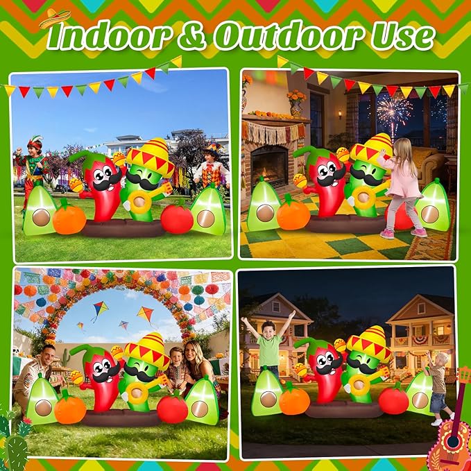 8 FT Long Cinco De Mayo Inflatable Chili Outdoor Decorations, Built-in LEDs Blow Up Hot Pepper with Taco Sombreros, Weatherproof Easy Set Up for May 5 Fiesta Mexican Party Indoor Yard Garden Lawn