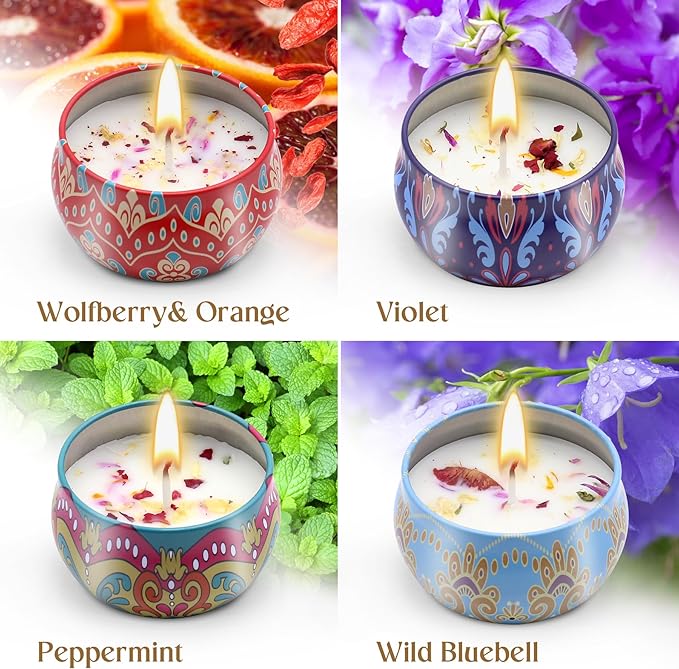 Scented Candles Gift Set for Women Soy Candles 4 Pack Natural Aromatherapy with Dried Flowers in Reusable Tins Relaxation Gift for Birthday Mother's Day Valentine's Day Christmas New Home