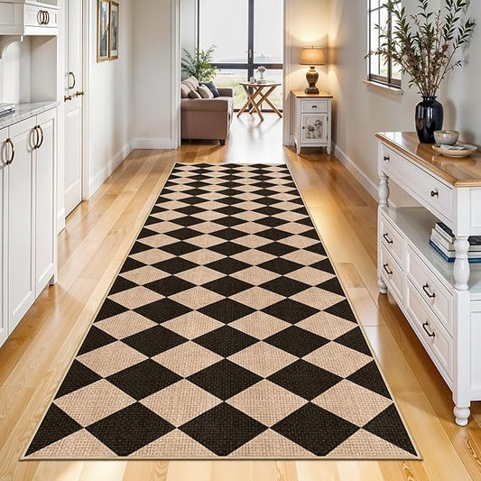 2x8 Checkered Runner Rug for Hallway: Washable Faux Jute Runners Indoor Farmhouse Style - Carpet Non-Slip Backing - Non Slip Narrow Floor Runners for Entryway Kitchen Living Room (Black/Brown,2x8)