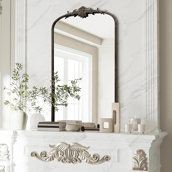 Besdomus Vintage Black Arched Mirror: 24"x42" French Large Arch Black Antique Vanity Wall Mounted Mirror - Traditional Ornate Metal Framed for Living Room/Entryway/Bathroom - Idea for Young Couples