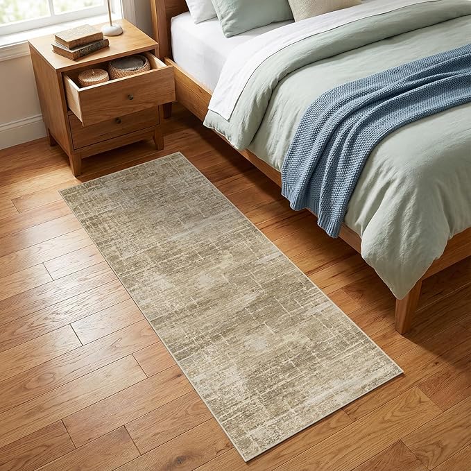2x6 Washable Kitchen Runner Rug - Modern Abstract Neutral Carpet with Non-Slip Backing Low-Pile Stain-Resistant Thin Runners for Hallway Bathroom Bedroom Entryway (2x6，Tan/Brown)