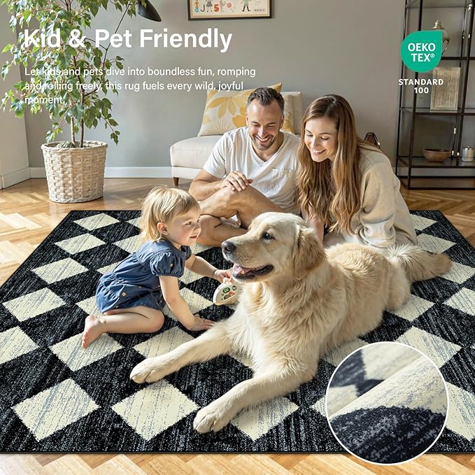 Lahome Zelie Checkered Washable 2x12 Runners for Hallways Non Slip, Black Kitchen Bathroom Runner Rugs, Modern Trellis Ultra-Thin Indoor Carpet Runner for Bedroom Dorm Classroom Decor (2'x12',Black)