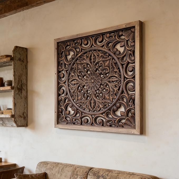 XIAOAIKA Boho Carved Wood Wall Sculpture, Intricate Floral Mandala Design with Distressed Brown Finish, Vintage Farmhouse Wall Art Panel with Solid Wood Frame for Bedroom Entryway (22.5" x 22.5")