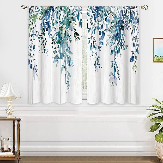 Farmhouse Teal Eucalyptus Small Kitchen Curtains Blue Leaves Window Treatment Turquoise Wooden Cafe Short Curtains for Bathroom Dining Laundry Room Botanical Tier Treatment Drapes 26x36 inch