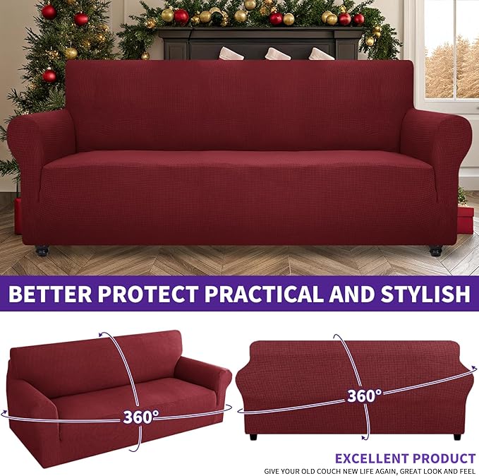ZNSAYOTX Super Stretch Couch Cover (72"-92") Universal Sofa Covers with Elastic Bottom, Dog Cat Pets Friendly Washable Furniture Protector Fitted Sofa Slipcovers Stay in Place (Wine Red, Sofa)