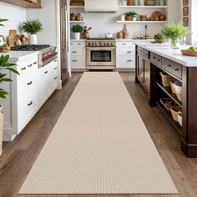 IOHOUZE Washable Exrea Long Hallway Runner Rug 3x14 Non Slip Rubber Backed Kitchen Runner Entryway Runner Indoor, Woven Rugs Floor Carpet for Kitchen Hall Entryway, Beige/Khaki