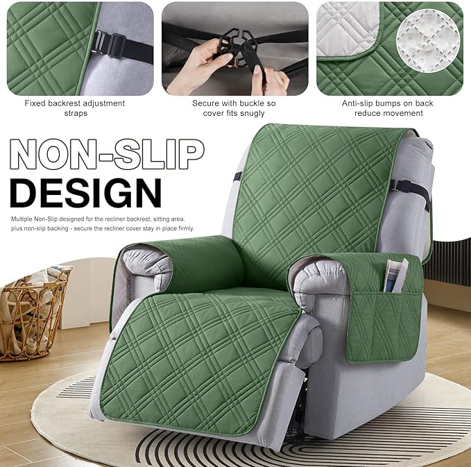 TAOCOCO 100% Waterproof Recliner Chair Cover, Small Recliner Covers for Recliner Chair with Pocket, Non Slip Reclining Chair Cover Furniture Protector for Kids, Pets(X-Small Chair, Vine Green)