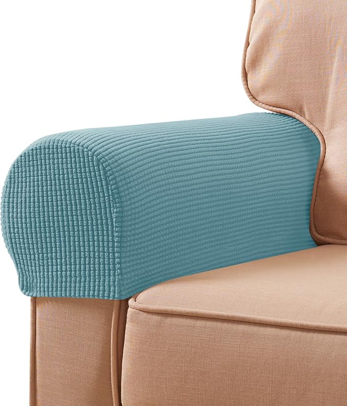 SUBRTEX Stretch Couch Arm Covers Set of 2, Checkered Sofa Arm Slipcovers, Anti-Slip Armrest Covers for Recliner and Armchairs, Pet Proof, High Stretchy, Hook & Loop Tape, Steel Blue