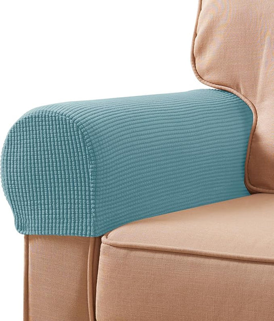 SUBRTEX Stretch Couch Arm Covers Set of 2, Checkered Sofa Arm Slipcovers, Anti-Slip Armrest Covers for Recliner and Armchairs, Pet Proof, High Stretchy, Hook & Loop Tape, Steel Blue