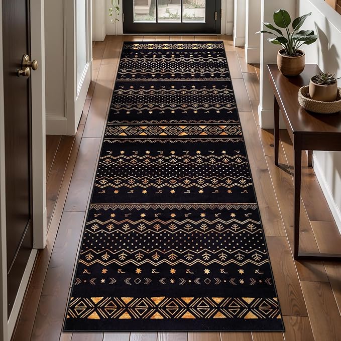 SERISSA 2x6 Kitchen Runner Rug, Washable Non-Slip Black and Gold Boho Rug, Soft Low-Pile Geometric Indoor Carpet for Hallway Laundry Room Bathroom Bedroom Entryway