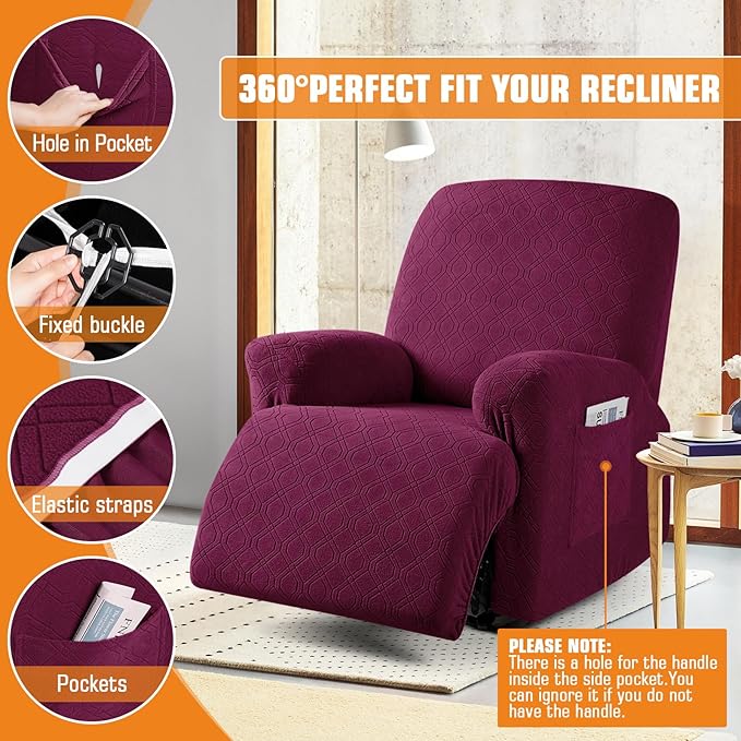 VANSOFY Oversized Recliner Chair Cover, 4-Pieces Stretch Recliner Covers for Recliner Chair Soft Reclining Chair Slipcover Jacquard Pattern Furniture Protector for Dogs Cats(Burgundy)
