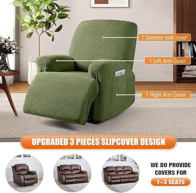 VANSOFY Recliner Chair Cover, 3-Pieces Stretch Lazy Boy Recliner Covers for Recliner Chair Soft Reclining Chair Slipcover Furniture Protector for Dogs Cats(Army Green)
