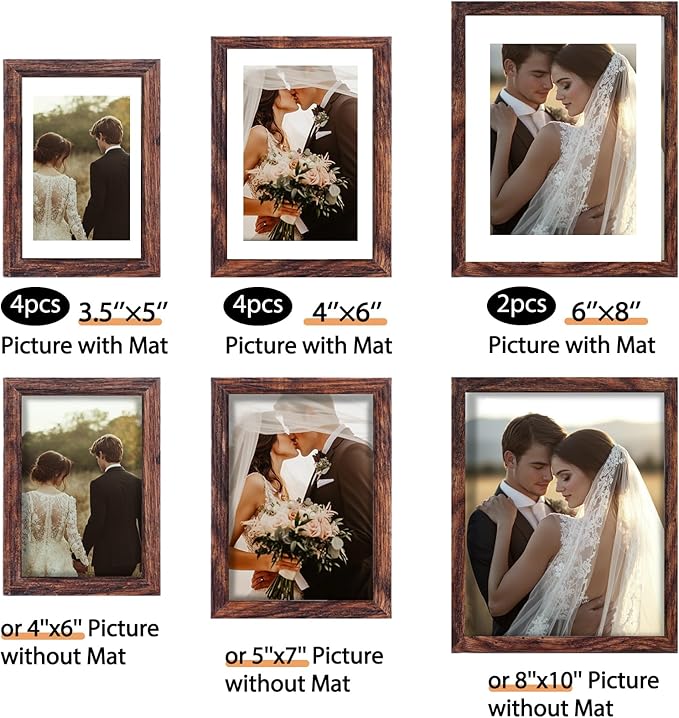 Fixwal Picture Frames, 10 Pack Wooden Collage Picture Frame Set for Wall Gallery Decor, Hanging or Tabletop Display Multi Sizes Photo Frames Including 8x10, 5x7, 4x6, Brown