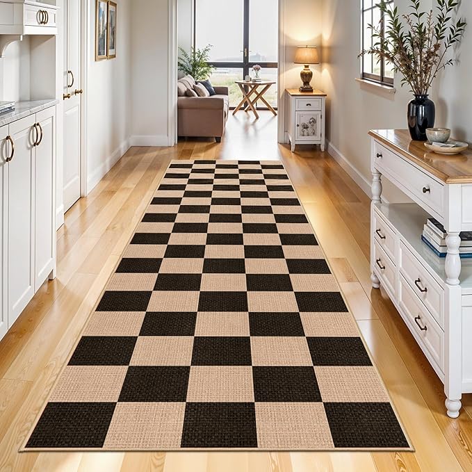 2x8 Checkered Runner Rug for Hallway: Washable Faux Jute Runners Indoor Farmhouse Style - Carpet with Non-Slip Backing - Non Slip Narrow Floor Runners for Entryway Kitchen Living Room (Black,2x8)