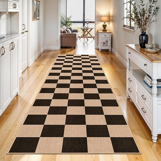 2x8 Checkered Runner Rug for Hallway: Washable Faux Jute Runners Indoor Farmhouse Style - Carpet with Non-Slip Backing - Non Slip Narrow Floor Runners for Entryway Kitchen Living Room (Black,2x8)
