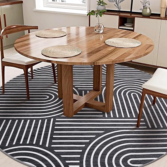 ROYHOME Washable Rug 4ft Area Rugs for Living Room, Abstract Rug for Bedroom, Soft Rainbow Non Slip Throw Rugs with Rubber Back, Low Pile Stain Resistant Boho Geometric Carpet for Dining Room,Black