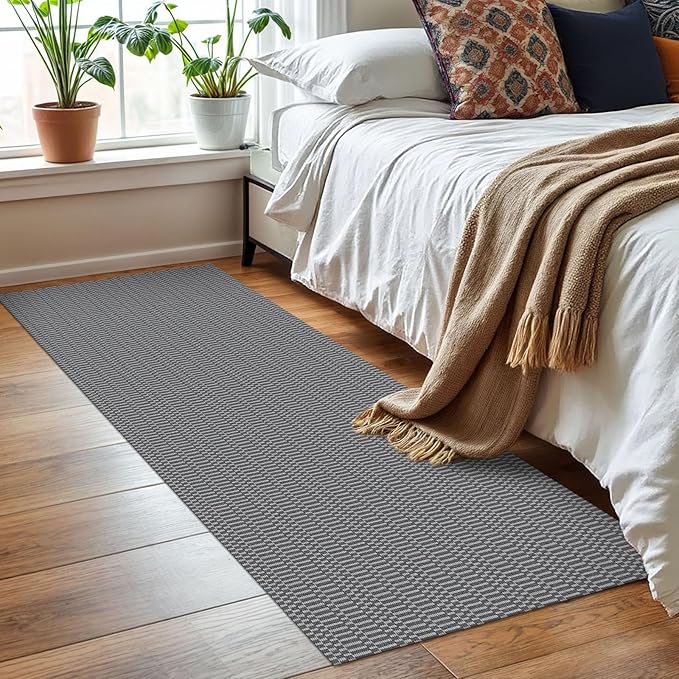 KOZYFLY Washable Runner Rug 2x6 Ft Runners for Hallways Non Slip Kitchen Runner Rugs Braided Cotton Entryway Runner Indoor, Carpet Runners for Hallway Kitchen Entryway Bedroom, Grey/Charcoal Grey