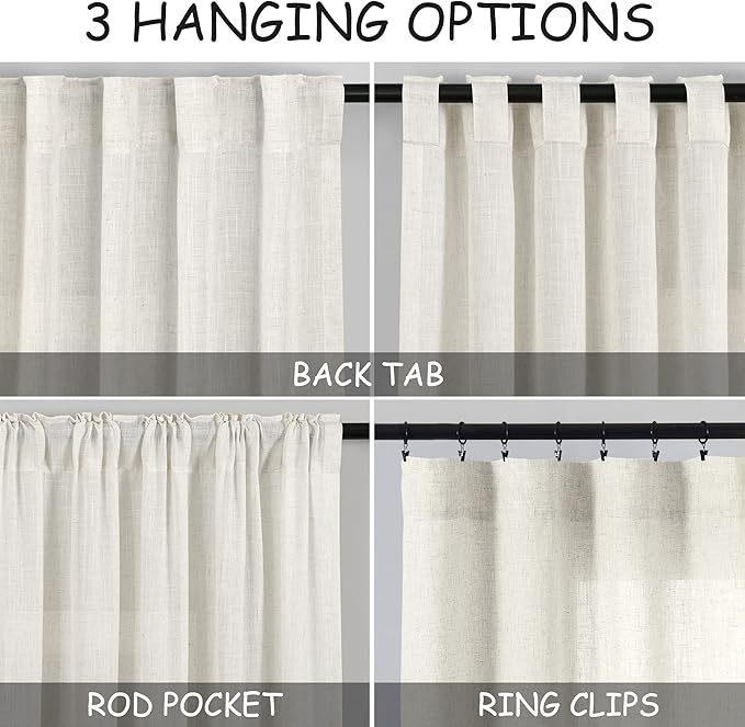 Cream Linen Curtains 106 Inches Long for Living Room Extra Long Back Tab Curtains Neutral Farmhouse Light Filtering Semi Sheer Linen Drapes Ceiling to Floor for Large Window 2 Panels Set 52x106
