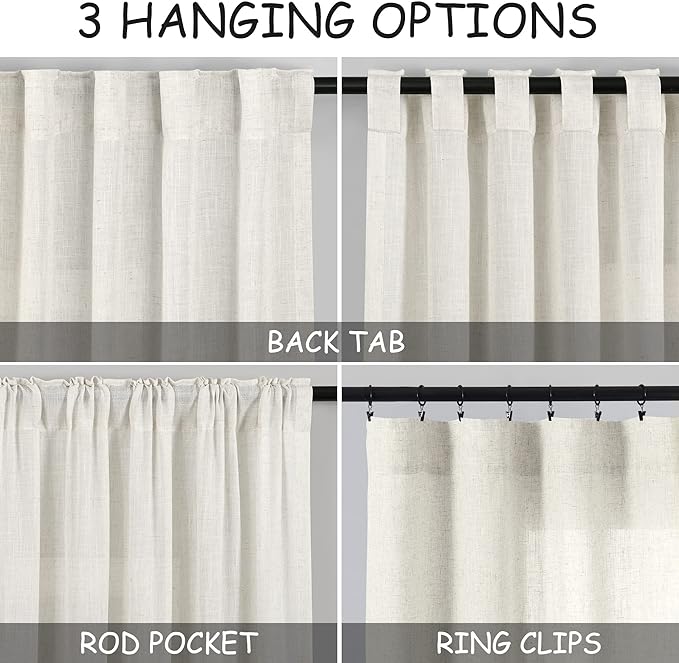Nanspring Extra Long Curtains 2 Panels 204 Inches Long for Dinning Room Cream Back Tab Rod Pocket Light Filtering Semi Sheer Drapes Cotton Linen Textured Window Curtain for Bedroom 52x204