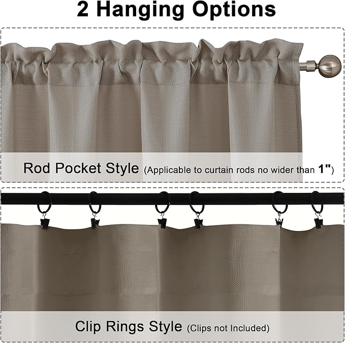 Chyhomenyc Stone Beige Valance for Windows, Faux Linen Slub Textured Semi Sheer Small Window Kitchen Valance Curtain, Rod Pocket Cafe Valance for Bathroom Laundry Basement, 30Wx14L inch, 2 Piece
