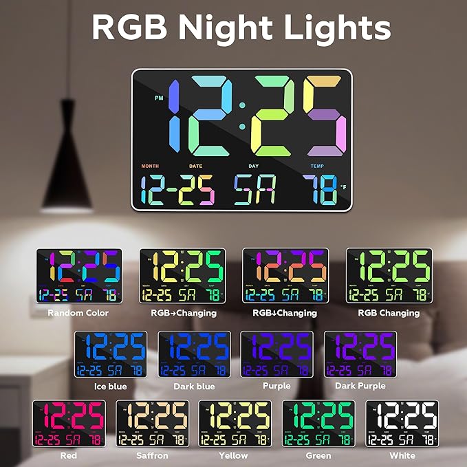 Amgico RGB Digital Alarm Clock with Snooze,Temperature,Auto Dimming,11.5" Large Display Calendar,Desk/Wall Clock for Bedroom,Living Room,Office,Home,Classroom,Kids,Elderly