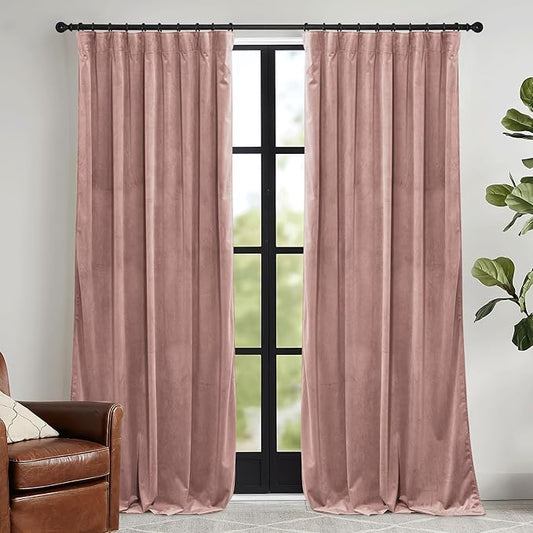 RYB HOME Dusty Pink Velvet Curtains 102 inches with Hook Belt, Soft Fabric Room Darkening Thermal Insulated Luxurious Home Decor Curtains for Living Room Bedroom, W 52" x L 102", 2 Panels Set