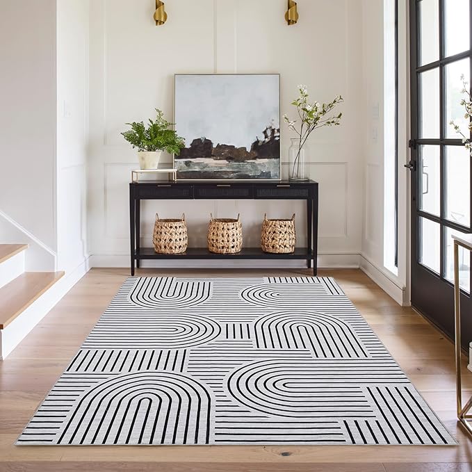 ROYHOME Washable Rug 5x7 Area Rugs for Living Room, Abstract Rug for Bedroom, Soft Rainbow Non Slip Rugs with Rubber Back, Low Pile Stain Resistant Boho Geometric Carpet for Dining Room, Blackwhite