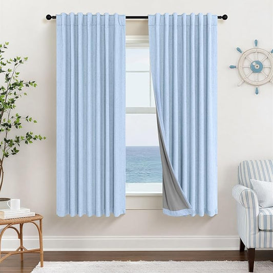 Pitalk Light Blue Curtains for Bedroom 63 Inch Length 2 Panels Linen Blackout Room Darkening Cold Heat Light Blocking Sky Baby Blue Curtains for Kids Room Girls Boys Nursery Breakfast Nook 52x63 Long