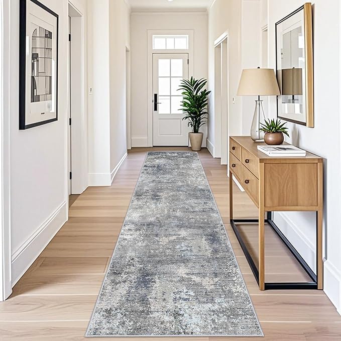3x10 ft Long Hallway Runner Rug – Non-Slip Washable Kitchen Floor Rug with Rubber Backing, Modern Low Pile Thin Wide Carpet Runners for Bedroom, Entryway Indoor（Blue Grey,3x10）