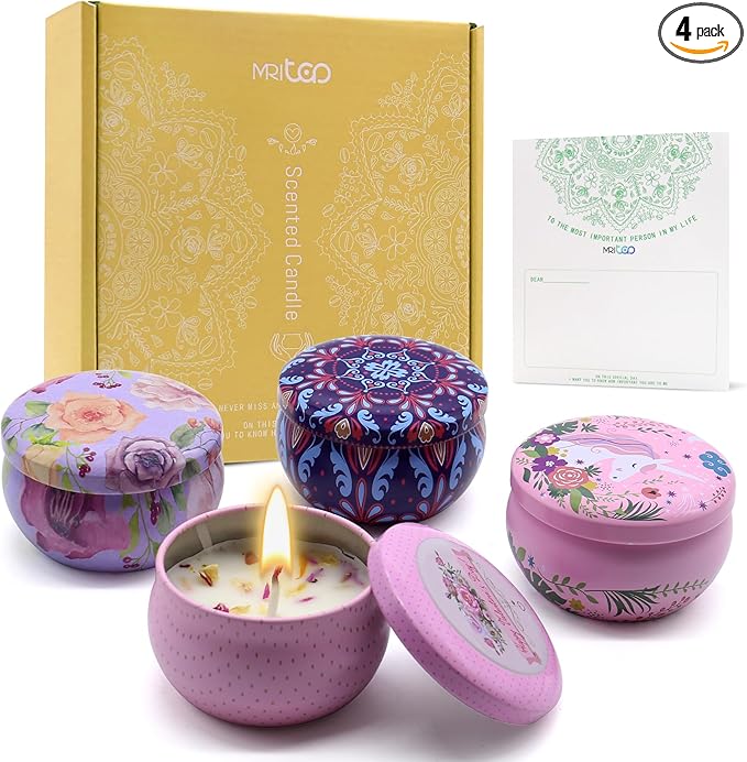Scented Candles Gift Set for Women Soy Candles 4 Pack Natural Aromatherapy with Dried Flowers in Reusable Tins Relaxation Gift for Birthday Mother's Day Valentine's Day Christmas New Home