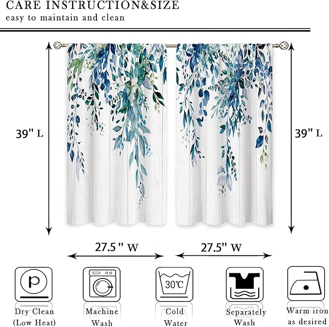 Farmhouse Teal Eucalyptus Small Kitchen Curtains Blue Leaves Window Treatment Turquoise Wooden Cafe Short Curtains for Bathroom Dining Laundry Room Botanical Tier Treatment Drapes 27.5x39 inch