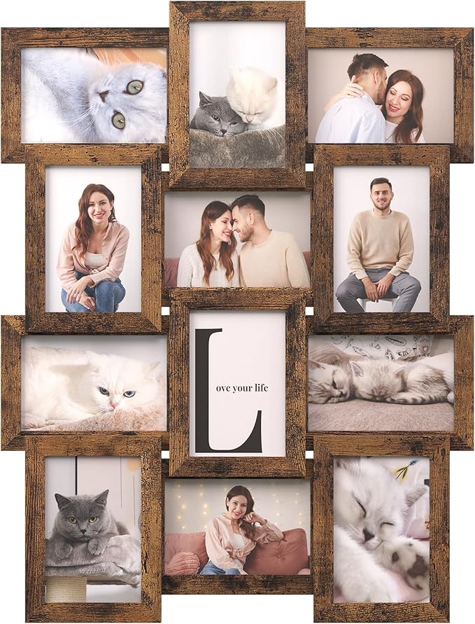 SONGMICS Collage Picture Frames, 4x6 for Wall Decor, Multi Family Photo for Gallery Decor, Hanging Display, Set of 12, Rustic Brown URPF026X01