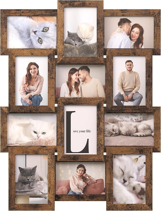 SONGMICS Collage Picture Frames, 4x6 for Wall Decor, Multi Family Photo for Gallery Decor, Hanging Display, Set of 12, Rustic Brown URPF026X01