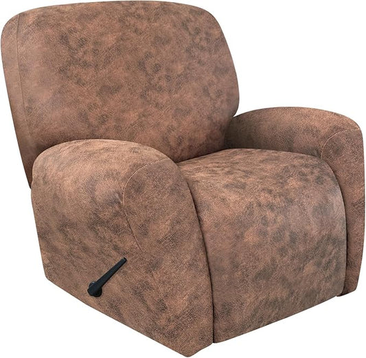 ANARACHON Recliner Chair Covers Leather Look, 4 Pieces Recliner Covers Non Slip, Soft Slipcovers for Large Recliners, Furniture Protector Washable for Pets (1 Seater, 03 Light Brown)