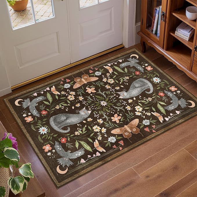 GarveeHome Cat Entryway Rug, 2x3 Mushroom Insect Brown Washable Front Door Rug Indoor Entrance Floral Carpet Non-Slip Low Pile Throw Rugs for Kitchen Floor, Powder Room, Entry, Bathroom, Kids Room