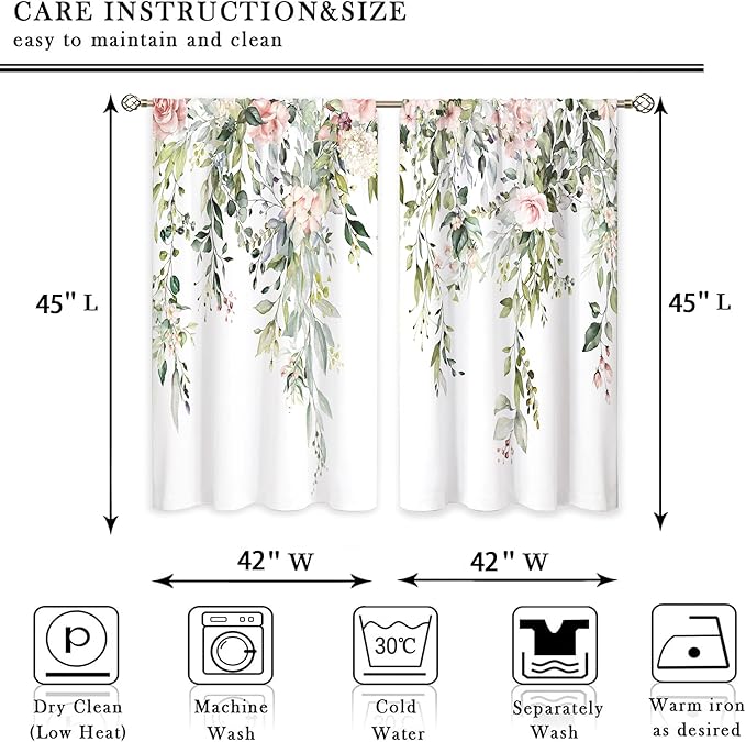 Eucalyptus Botanical Leaves Pink Rose Floral Kitchen Window Curtains Flower Plant Leaf Small Window Treatment Sage Green Cafe Short Curtains for Bathroom Treatment Tier Drapes 42x45 inch